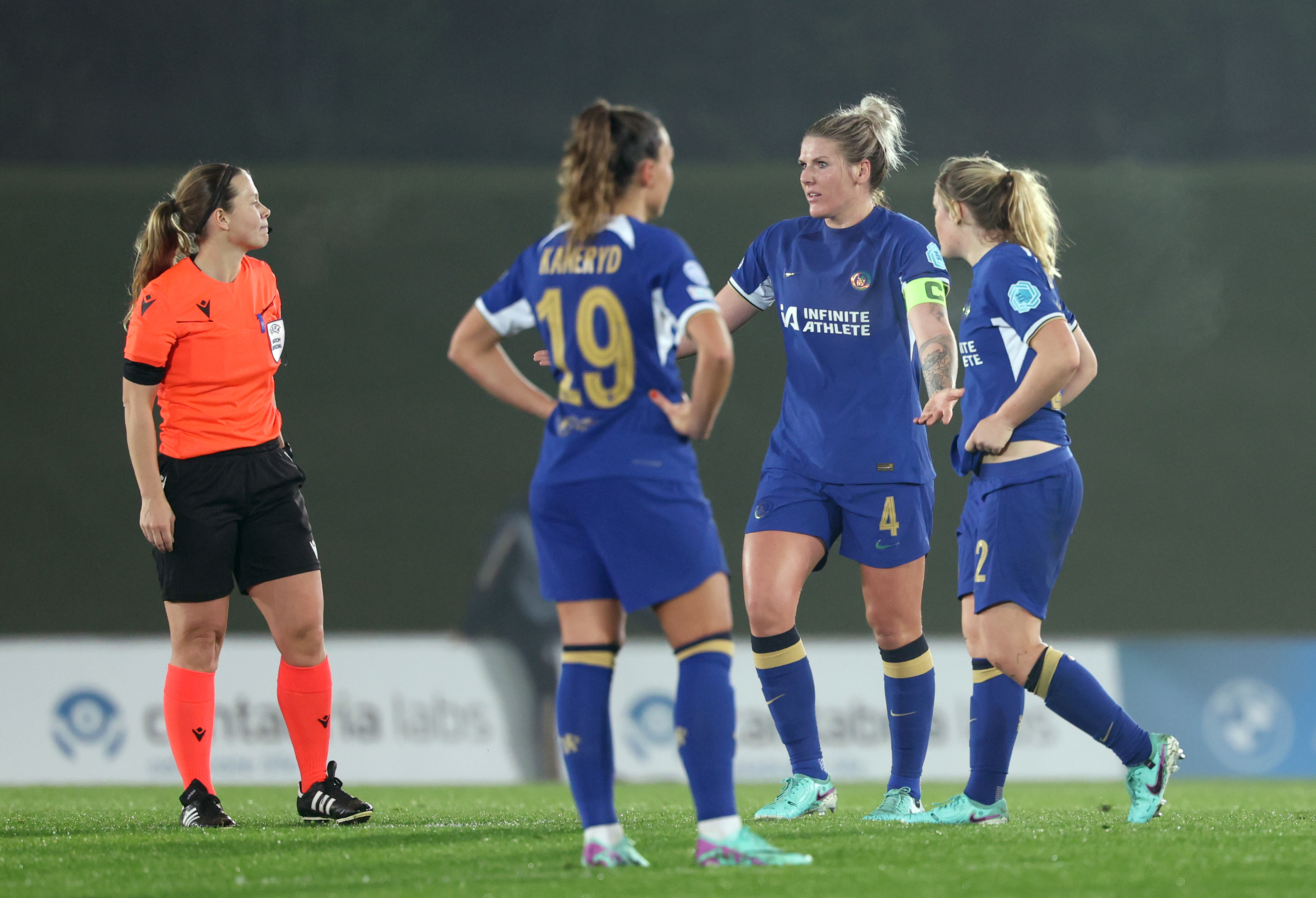 Millie Bright appeals to referee Frida Klarlund