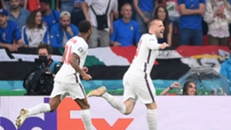 England wing-back Luke Shaw celebrates scoring against Italy