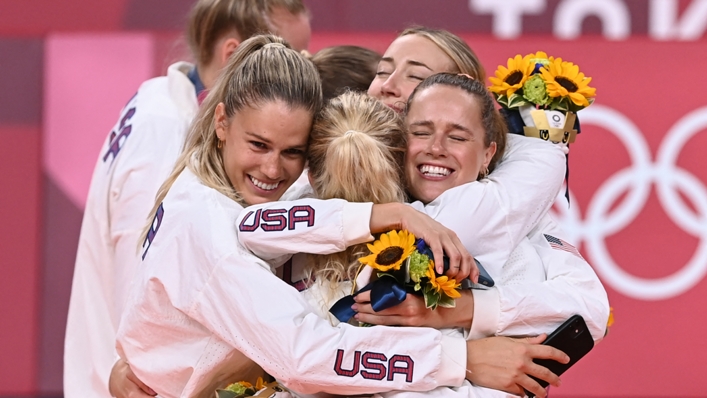 The United States team celebrate their volleyball gold medal