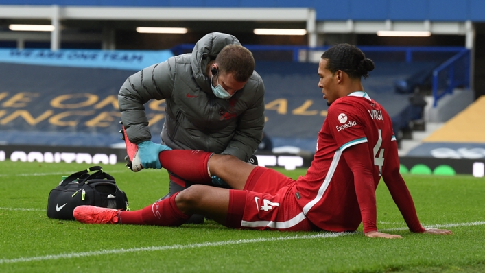 Liverpool defender Virgil van Dijk suffered his knee injury at Everton