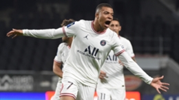 Kylian Mbappe celebrates his opener against Angers