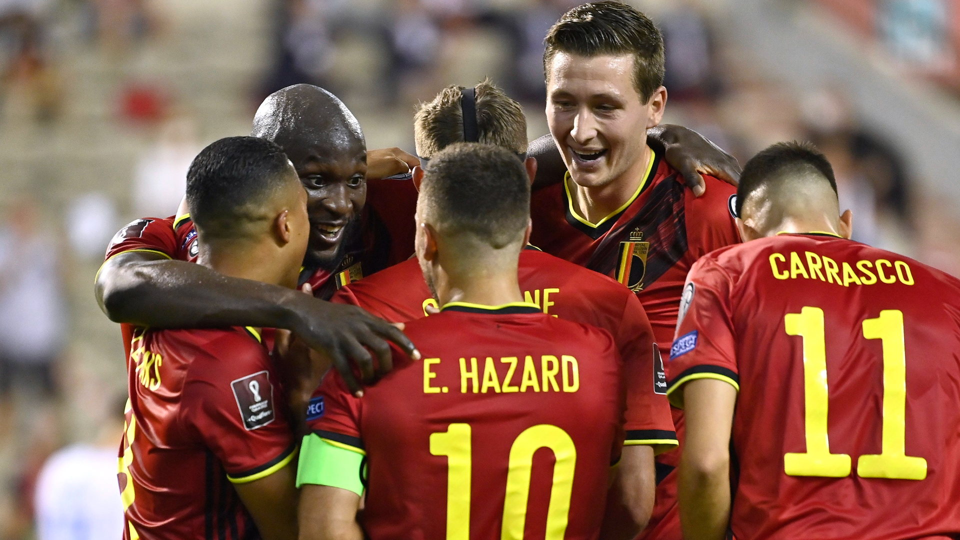 Eden Hazard forward of Belgium celebrates scoring a goal with Romelu Lukaku forward of Belgium and Hans Vanaken midfielder of Belgium during the European Qualifying World Cup Qatar 2022 group E match between Belgium and Czech Republic