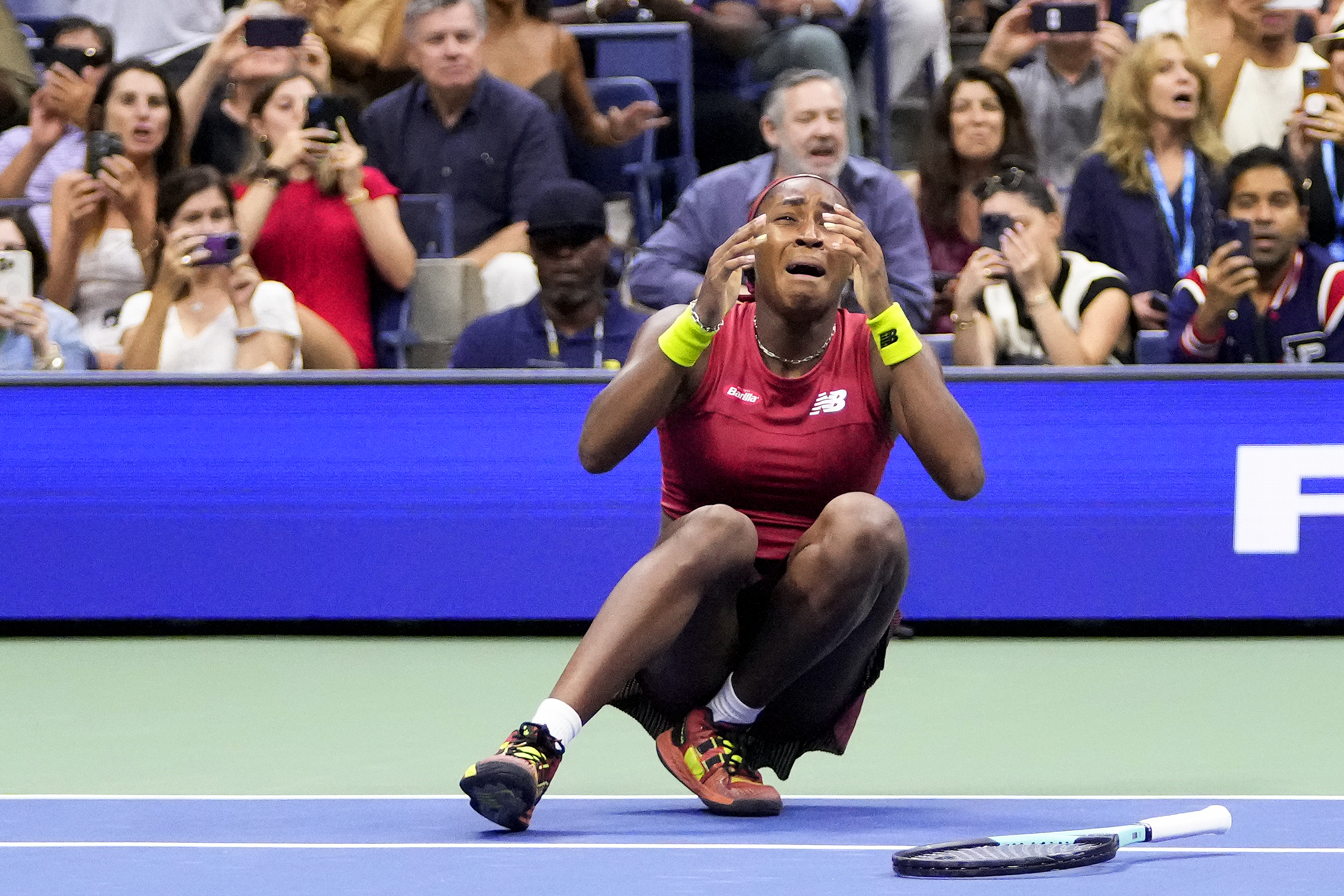 Coco Gauffreacts after defeating Aryna Sabalenka (Frank Franklin II/AP)