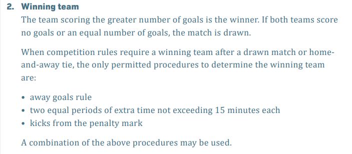 Law 10.2: Law 10 makes it clear that a match is drawn, won or lost according to the number of goals both teams score 'normal' time or in 'normal' time plus extra-time.
