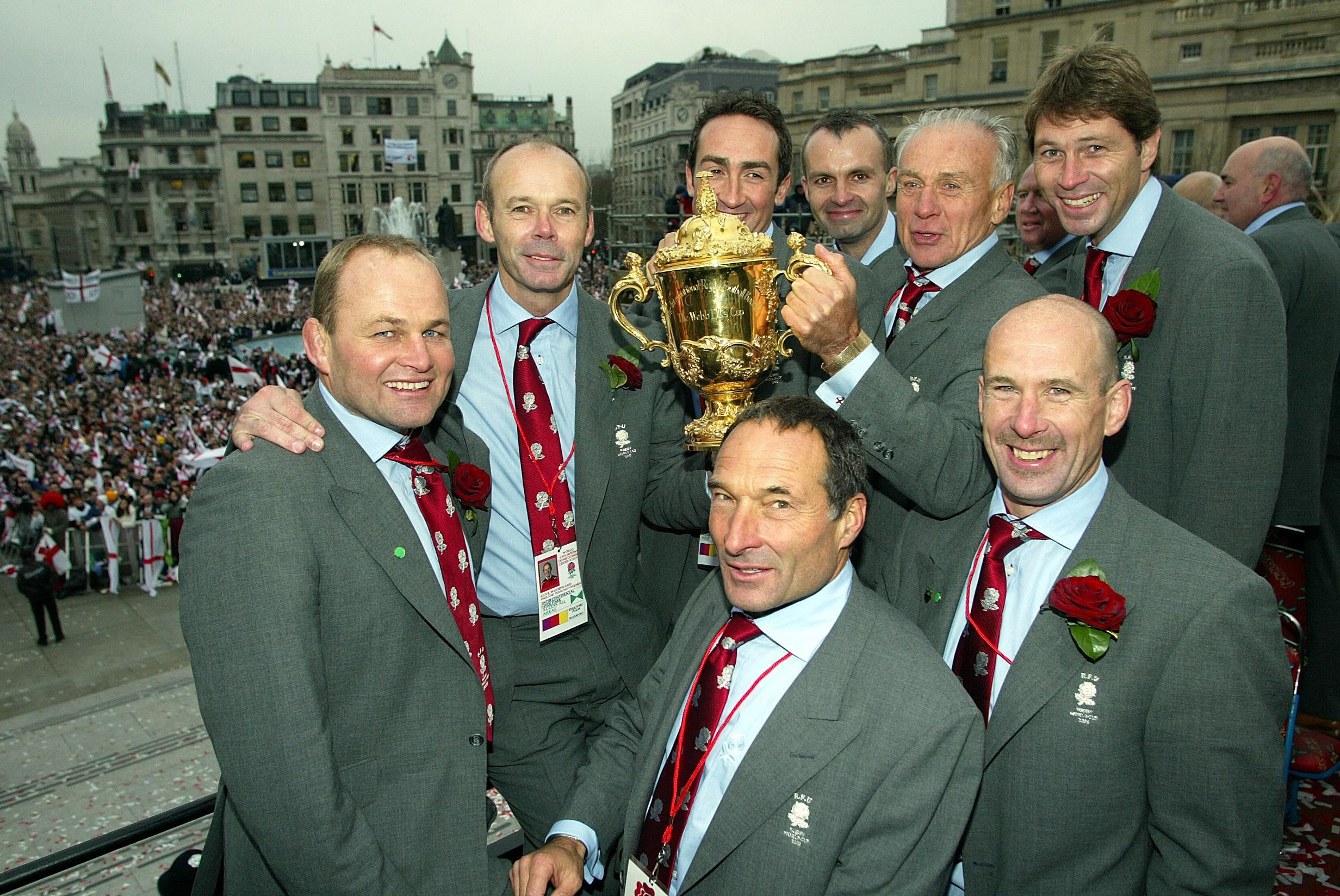 Andy Robinson, left, and Clive Woodward, second left, with England's World Cup-winning coaching team