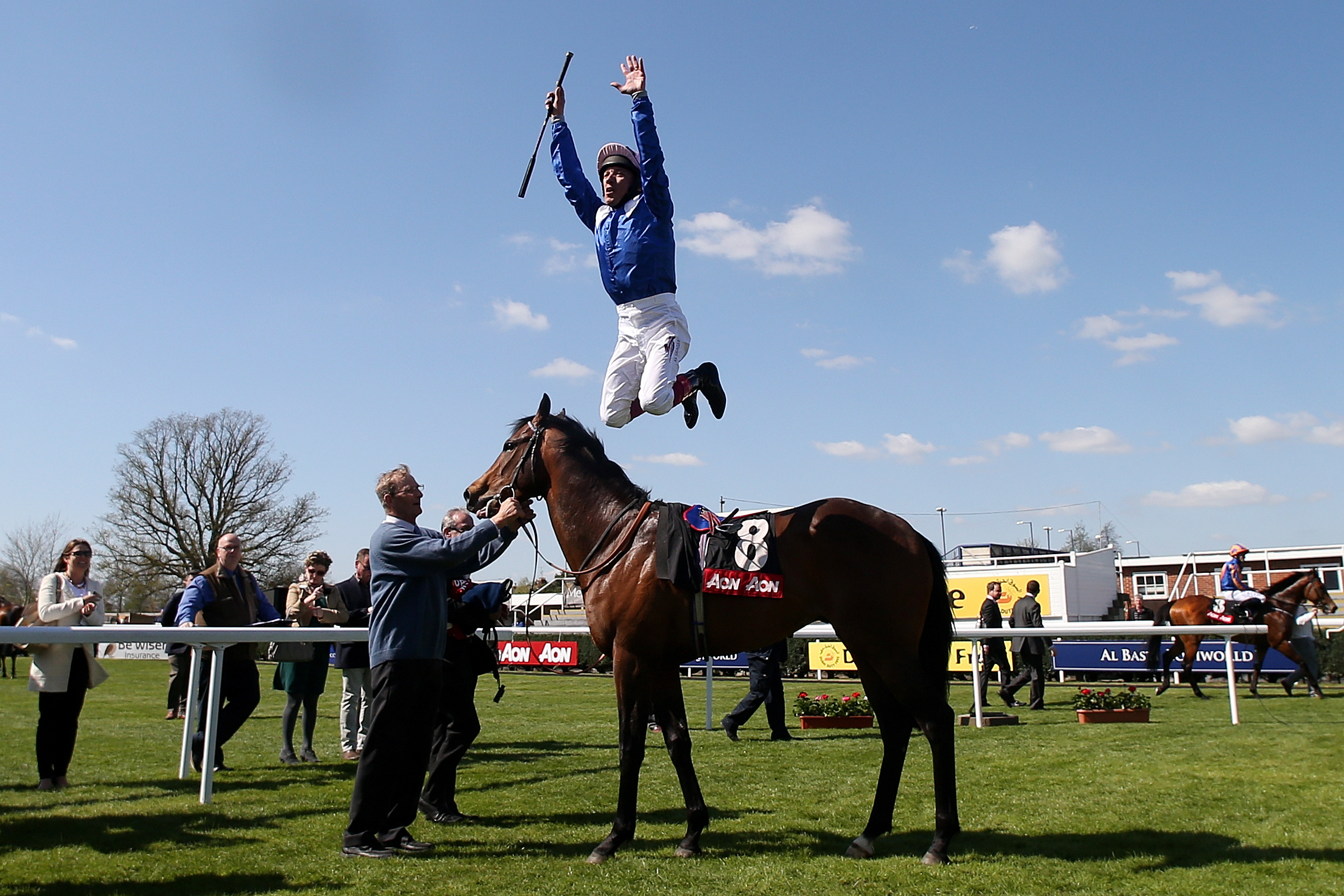 Frankie Dettori celebrates his victory on Muhaarar in the Greenham Stakes at Newbury