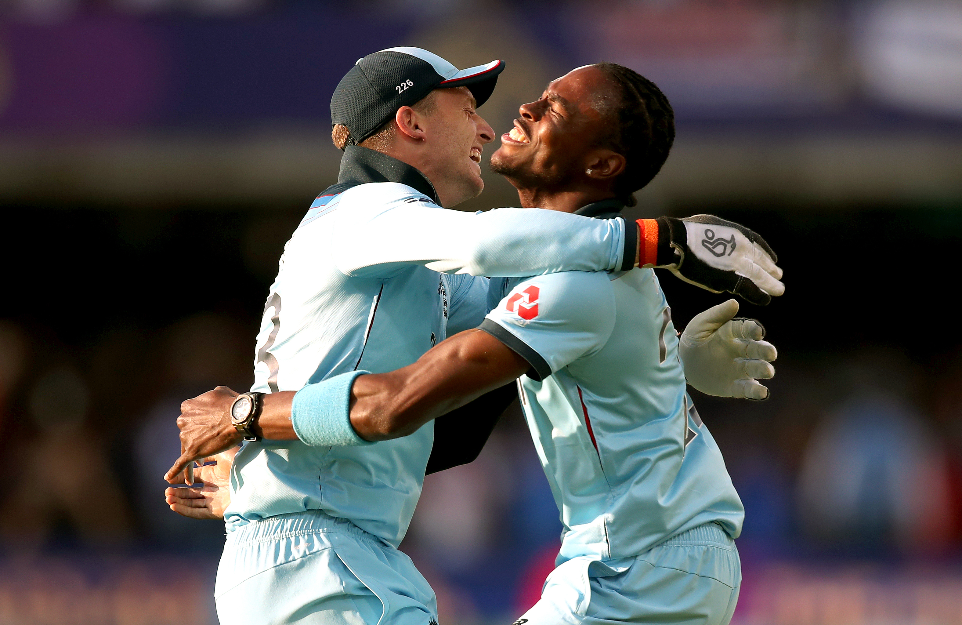 Jofra Archer, right, bowled the super over which led to England becoming world champions (Nick Potts/PA)