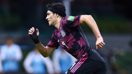 Raul Jimenez of Mexico celebrates after scoring his team’s first goal during the match between Mexico and Panama