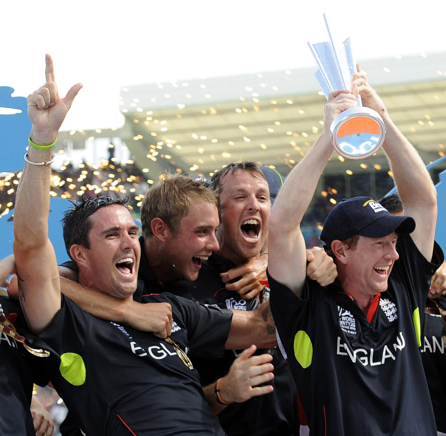 Kevin Pietersen, Broad, Graham Swann and Paul Collingwood, left to right, celebrate England winning the 2010 ICC World Twenty20 at the Kensington Oval in Bridgetown, Barbados