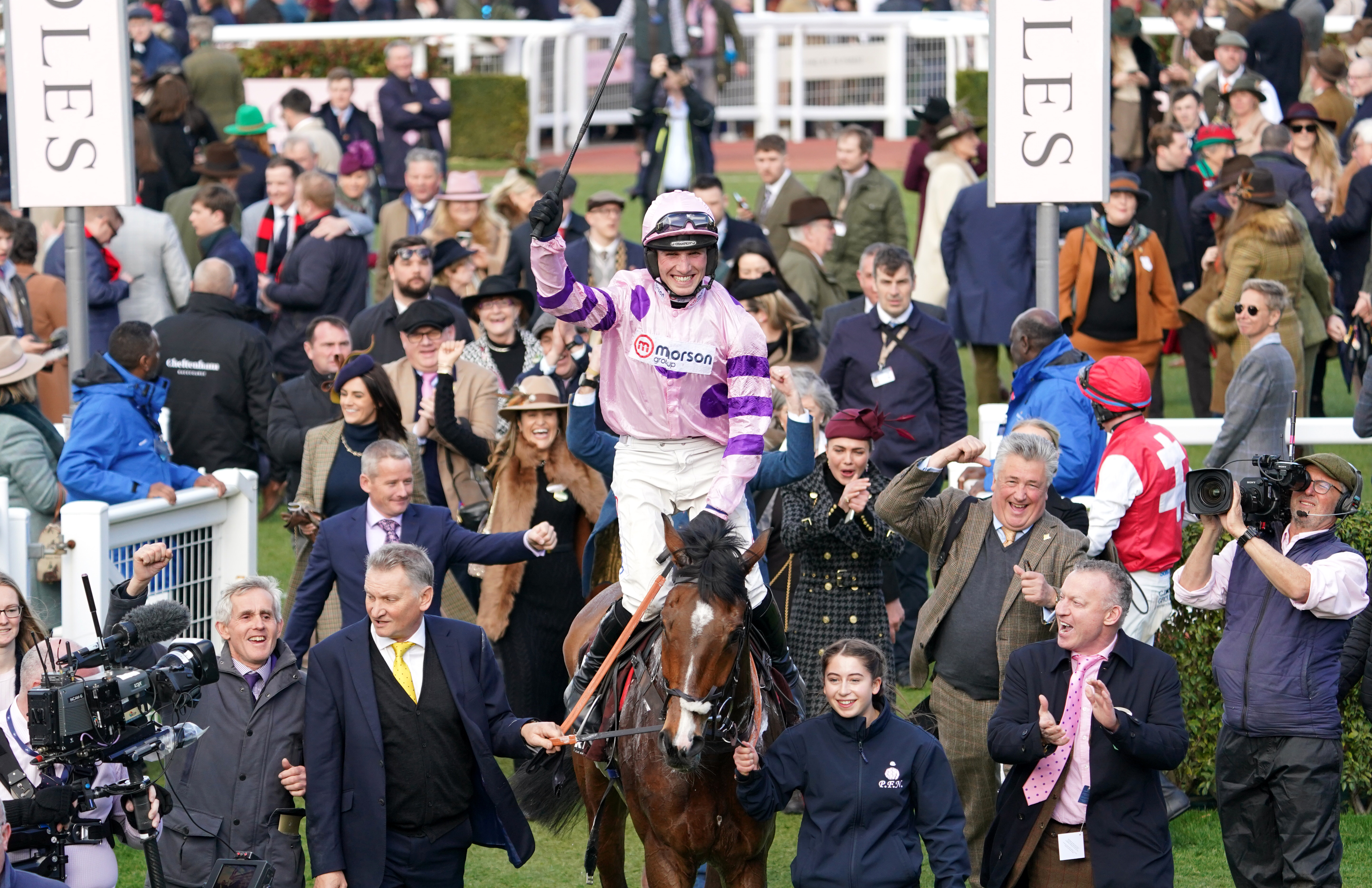 Harry Cobden celebrates winning the Albert Bartlett Novices’ Hurdle on Stay Away Fay