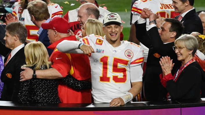 Patrick Mahomes (#15) celebrates the Chiefs' Super Bowl victory