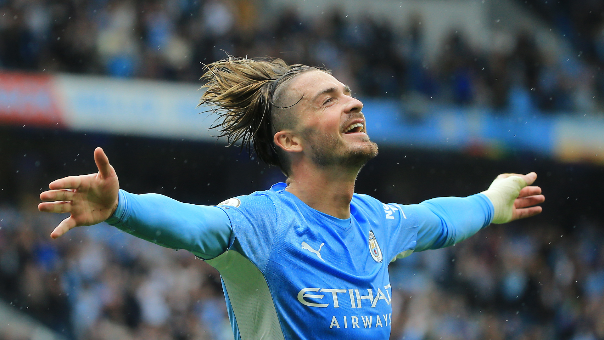 Jack Grealish celebrates his first goal for Manchester City after moving from Aston Villa