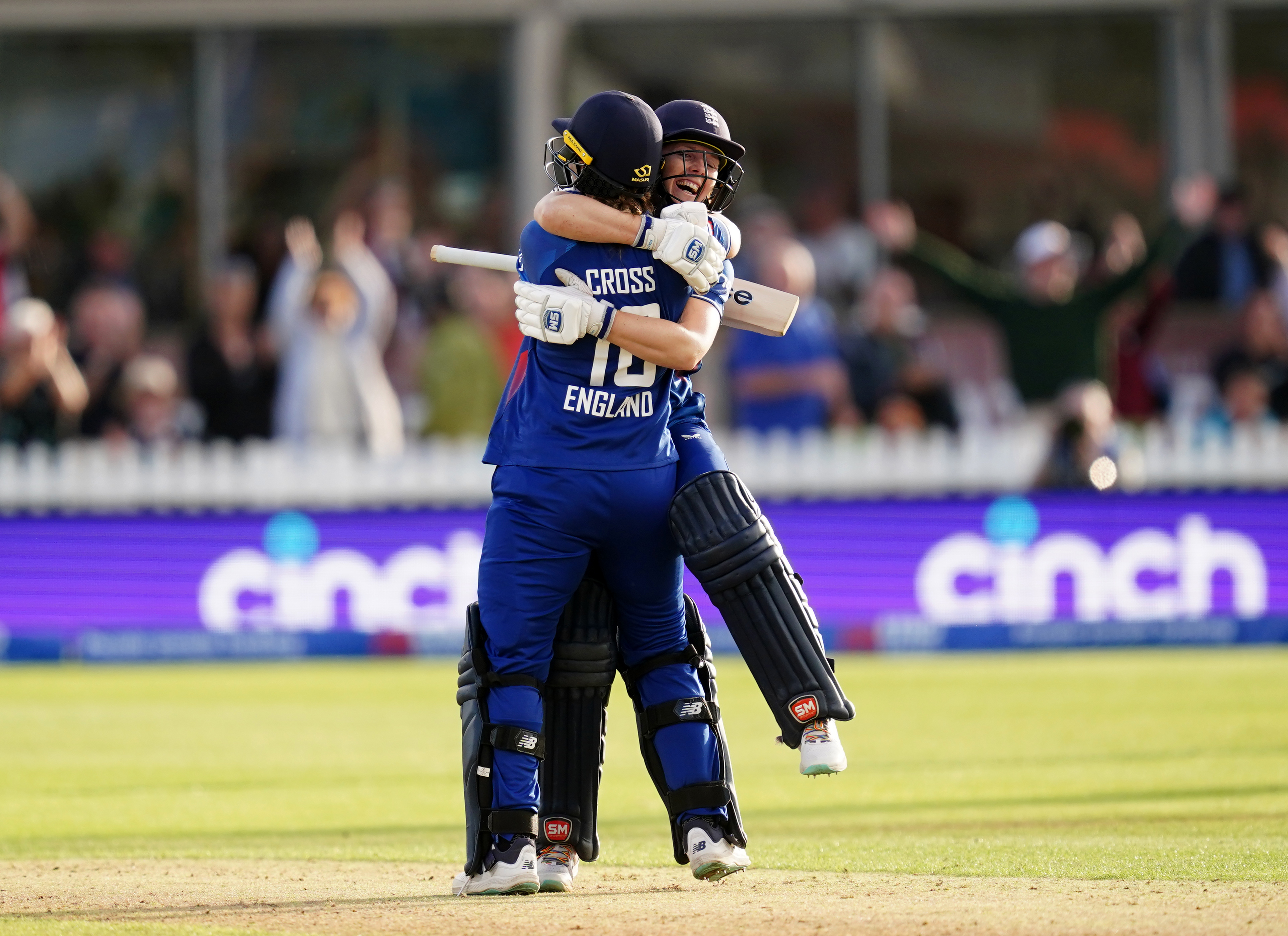 Heather Knight (right) and Kate Cross celebrate Wednesday's T20 victory