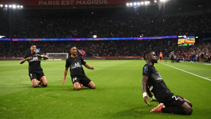 Idrissa Gueye celebrates scoring for Paris Saint-Germain against Montpellier on Saturday