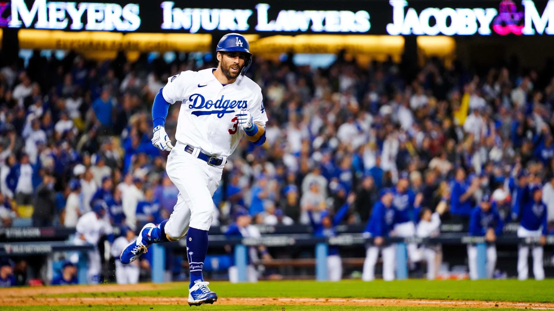 Chris Taylor #3 hits a solo home run in the seventh inning during Game 5 of the NLCS between the Atlanta Braves and the Los Angeles Dodgers at Dodgers Stadium
