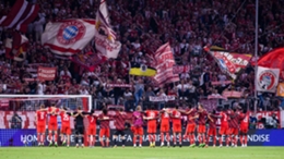 Bayern Munich's players celebrate after beating Barcelona 2-0 at the Allianz Arena last month