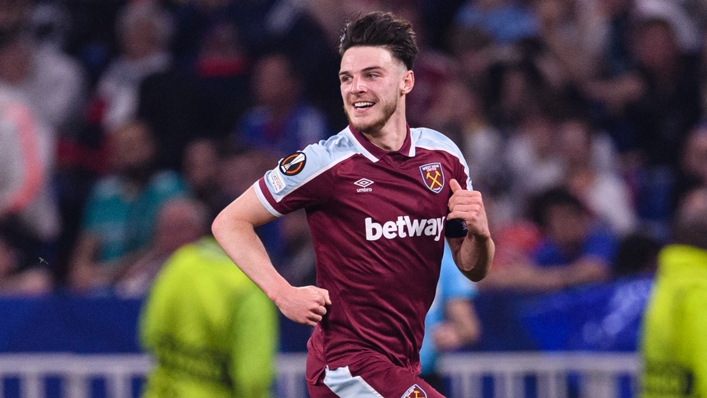 Declan Rice celebrates scoring against Lyon