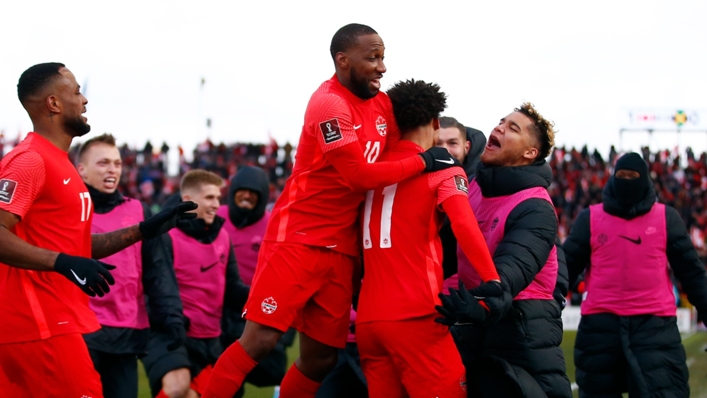 Canada celebrate during their decisive win over Jamaica