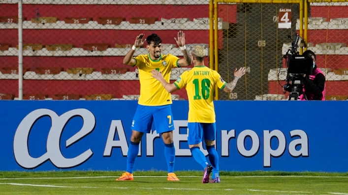 Lucas Paqueta and Antony celebrate Brazil's opener against Bolivia.