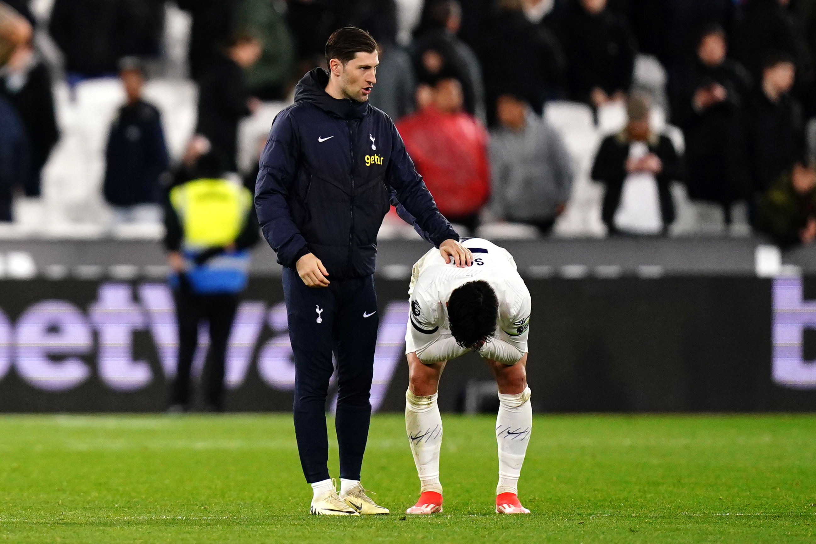 Tottenham captain Son Heung-min, right, shows his frustration at full-time