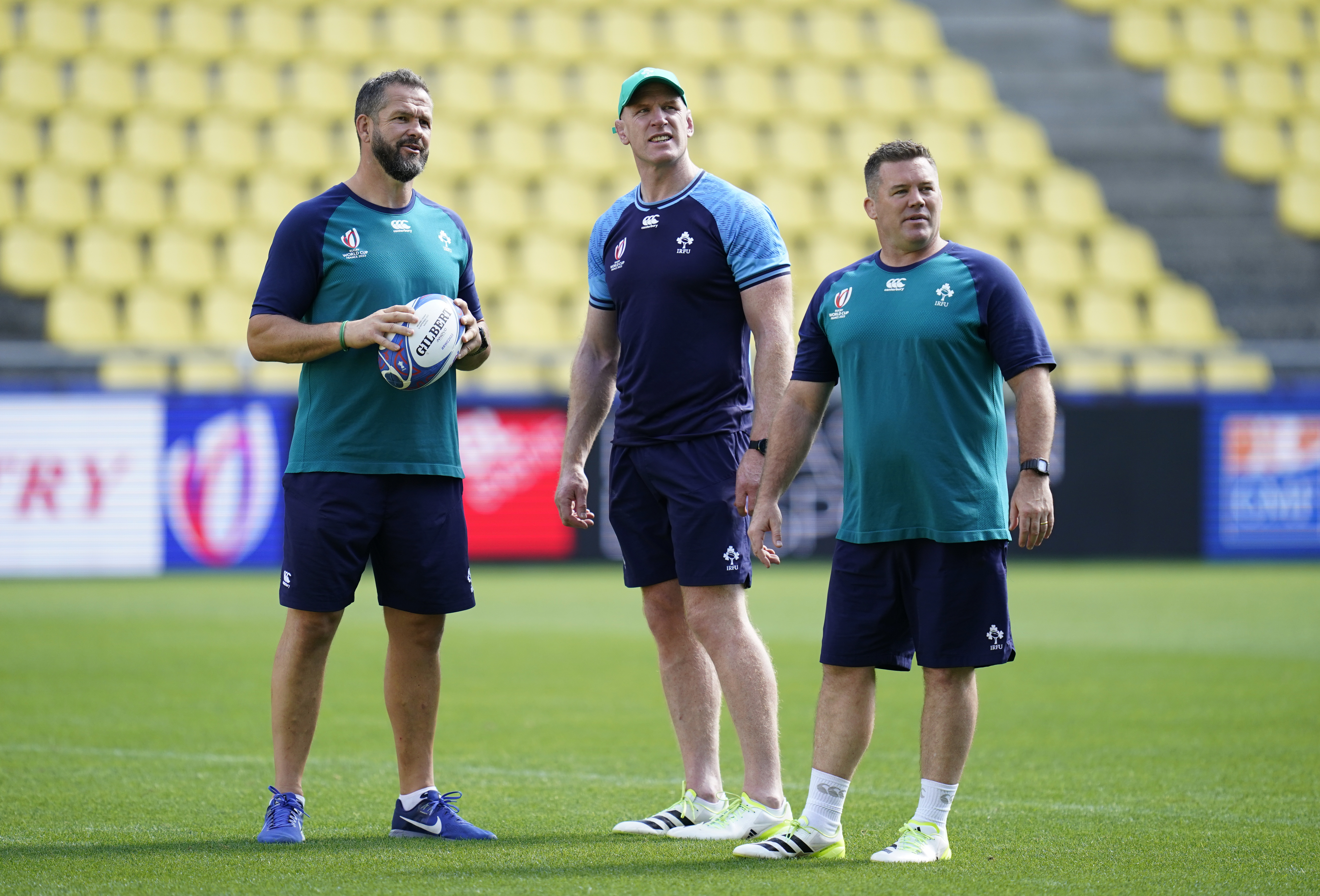 Ireland head coach Andy Farrell, left, forwards coach Paul O’Connell, centre, and scrum coach John Fogarty, right, will turn attention towards Scotland