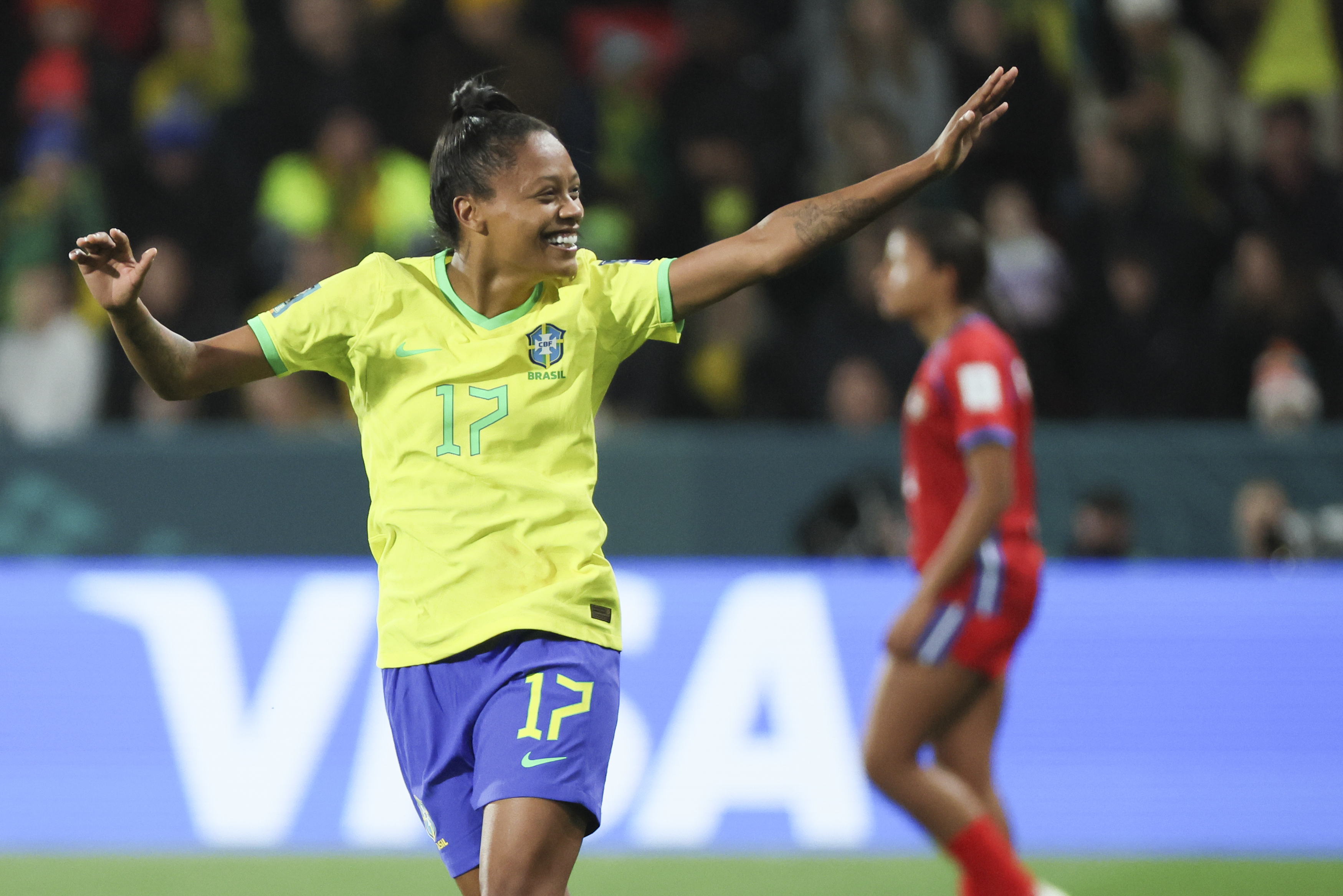 Ary Borges celebrates one of her three goals against Panama