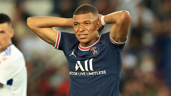 Kylian Mbappe reacts to missing a chance against Strasbourg