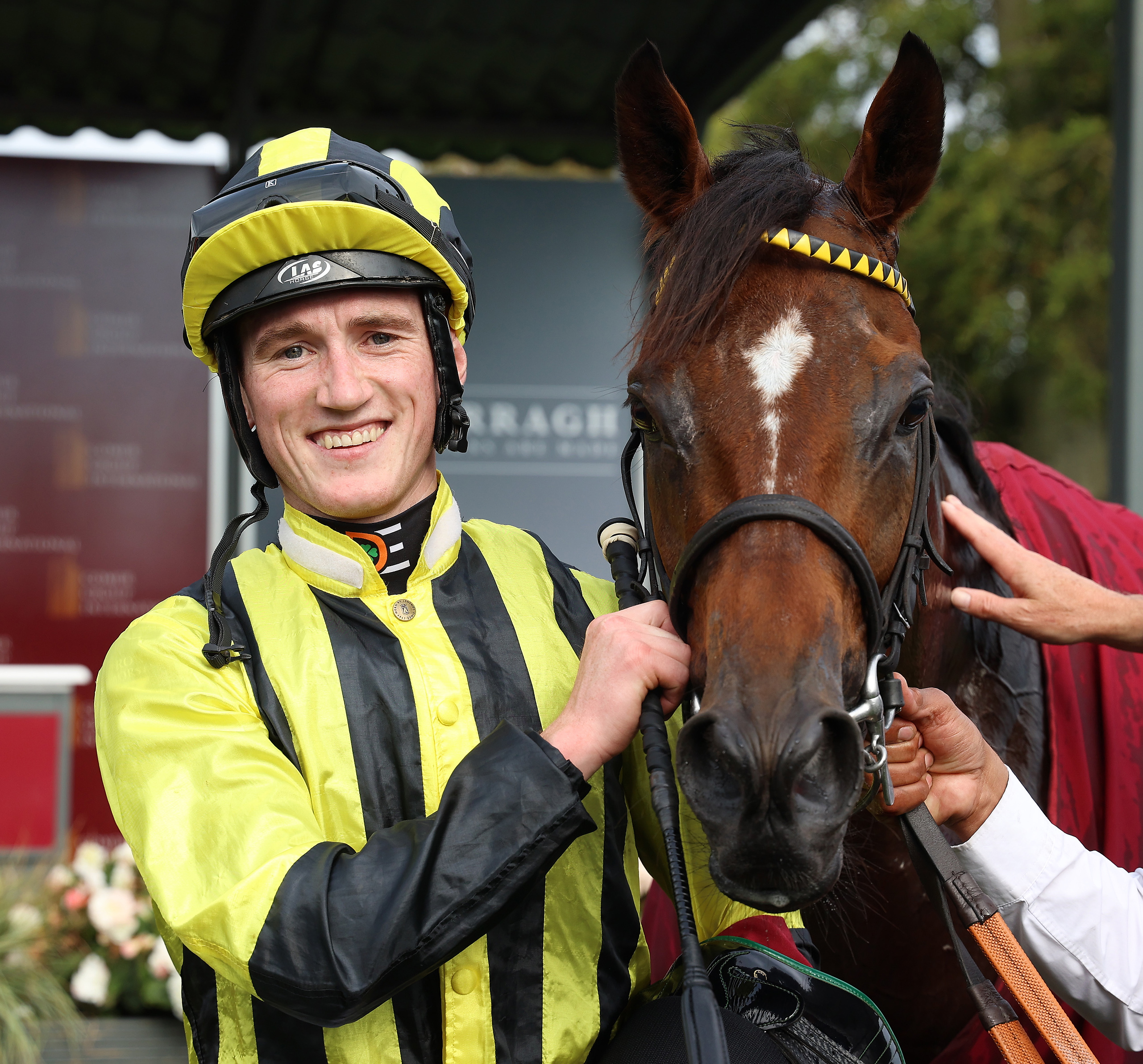 Jockey David Egan with Eldar Eldarov after winning the Irish St Leger
