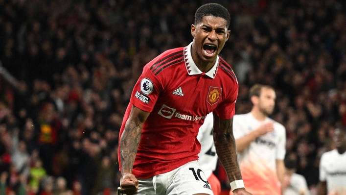 Marcus Rashford celebrates after scoring against West Ham