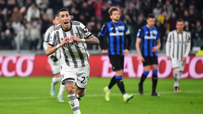 Angel Di Maria celebrates his penalty against Atalanta on Sunday