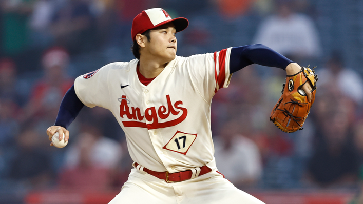 Shohei Ohtani of the Los Angeles Angels pitches against the Oakland Athletics during the first inning at Angel Stadium
