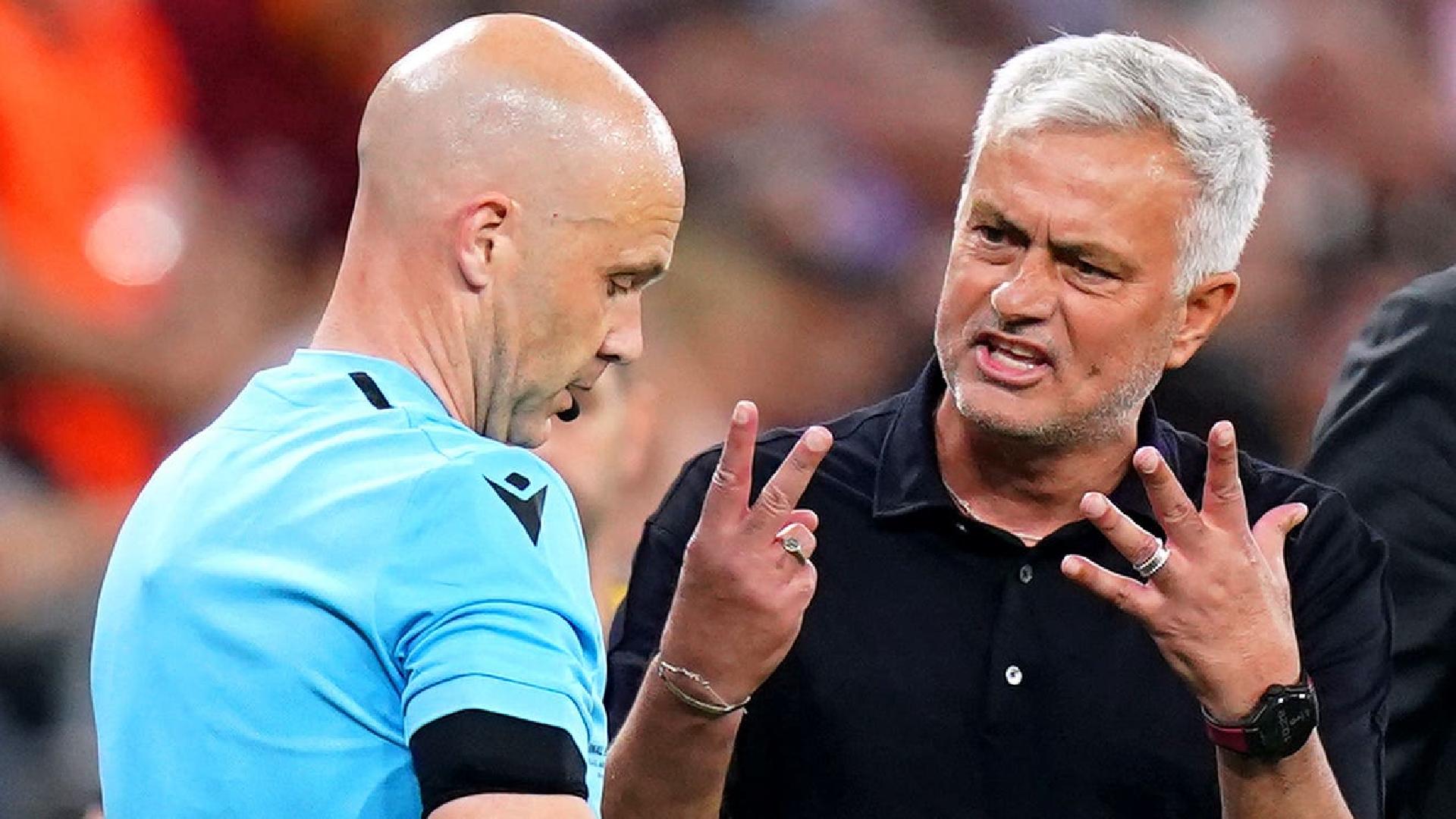 Jose Mourinho has been suspended by UEFA for four matches over his abusive behaviour towards English referee Anthony Taylor, left, during last month’s Europa League final (Adam Davy/PA)