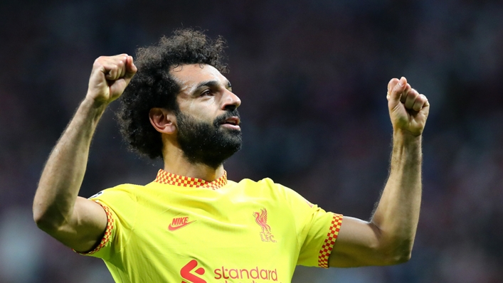 Mohamed Salah celebrates scoring his second goal against Atletico Madrid