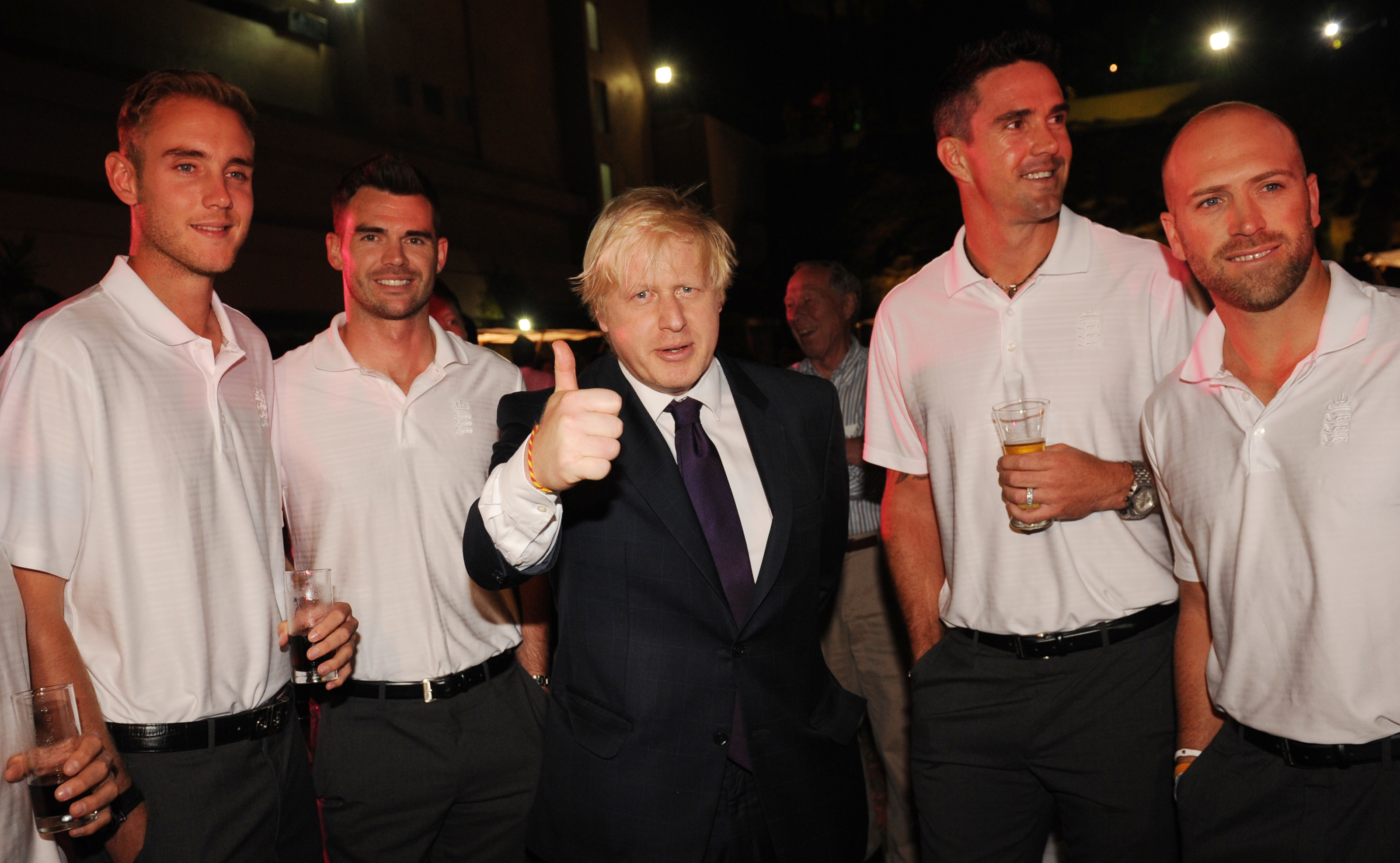 England cricketers Broad, James Anderson, Kevin Pietersen and Matt Prior pose for a photograph with the then Mayor of London Boris Johnson at a reception in Mumbai, India in 2012