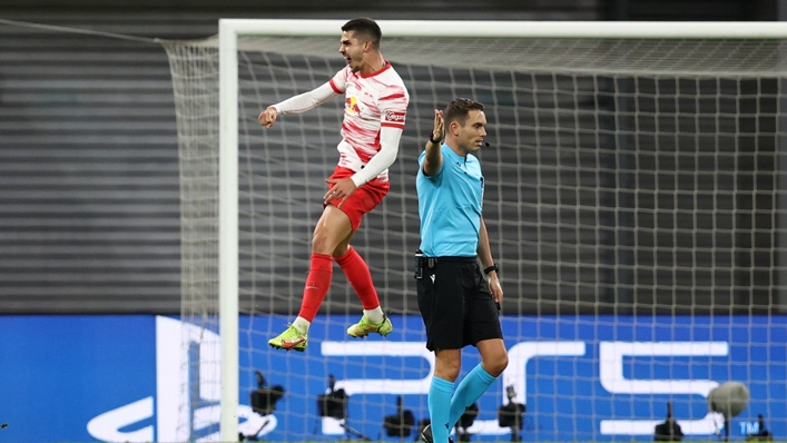 Andre Silva celebrates after scoring for RB Leipzig