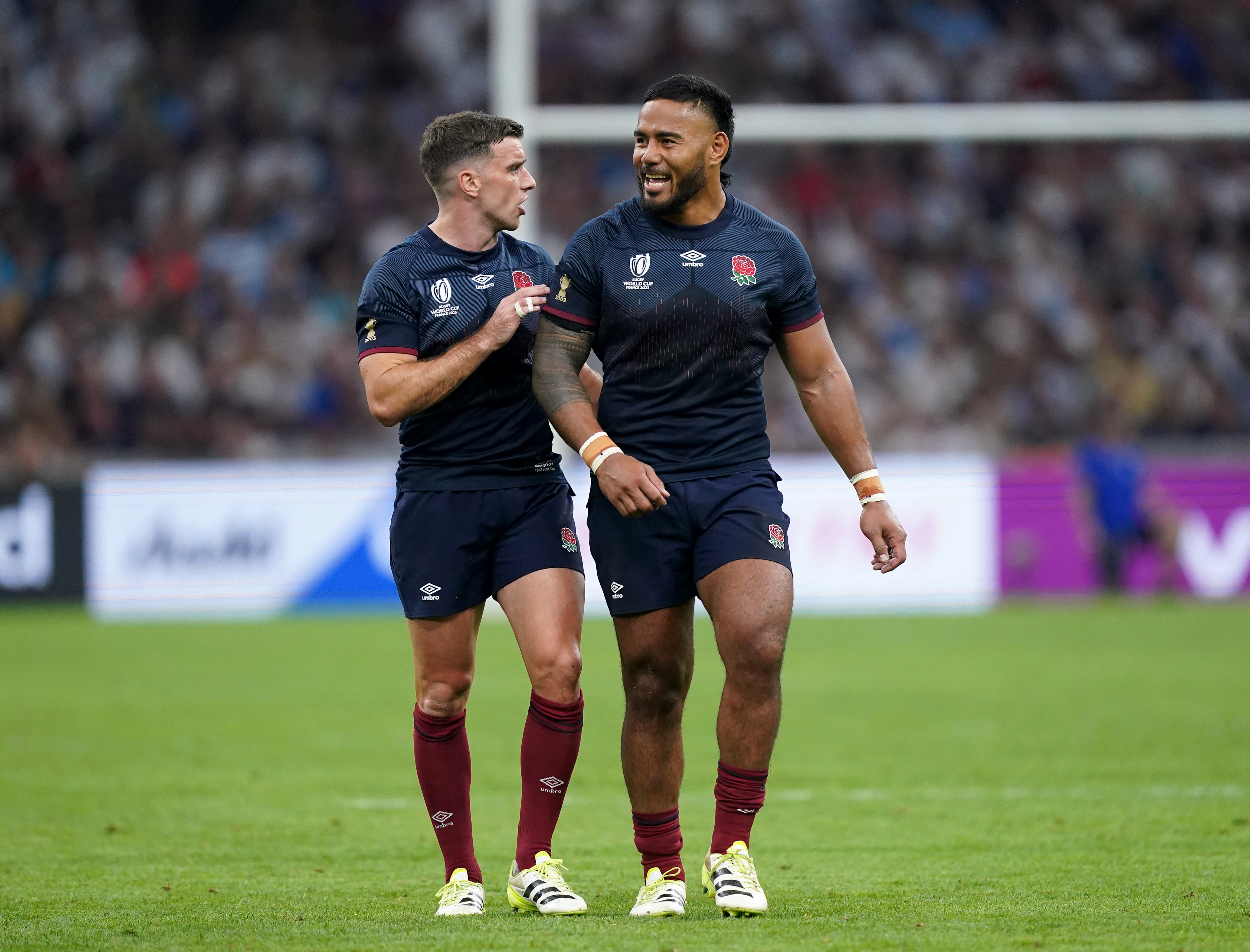 George Ford, left, and Manu Tuilagi celebrate victory over Argentina