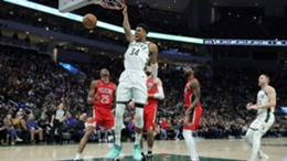 Giannis Antetokounmpo dunks home two of his 50 points against the Pelicans