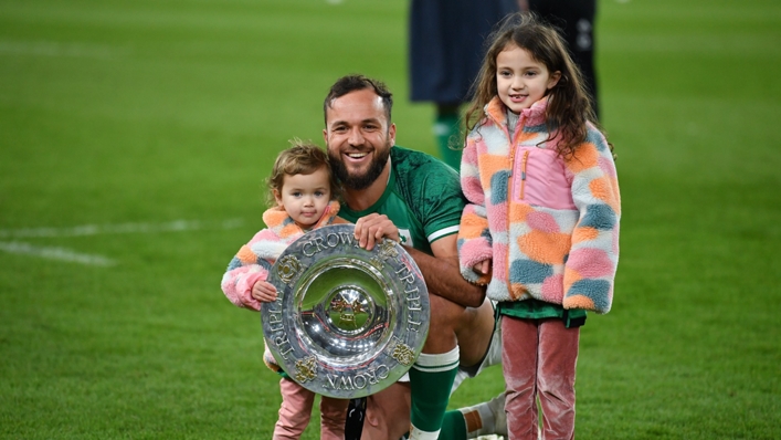 Jamison Gibson-Park celebrates Ireland's Triple Crown with his two daughters