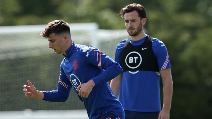 Chelsea duo Mason Mount and Ben Chilwell during a training session with the England squad.