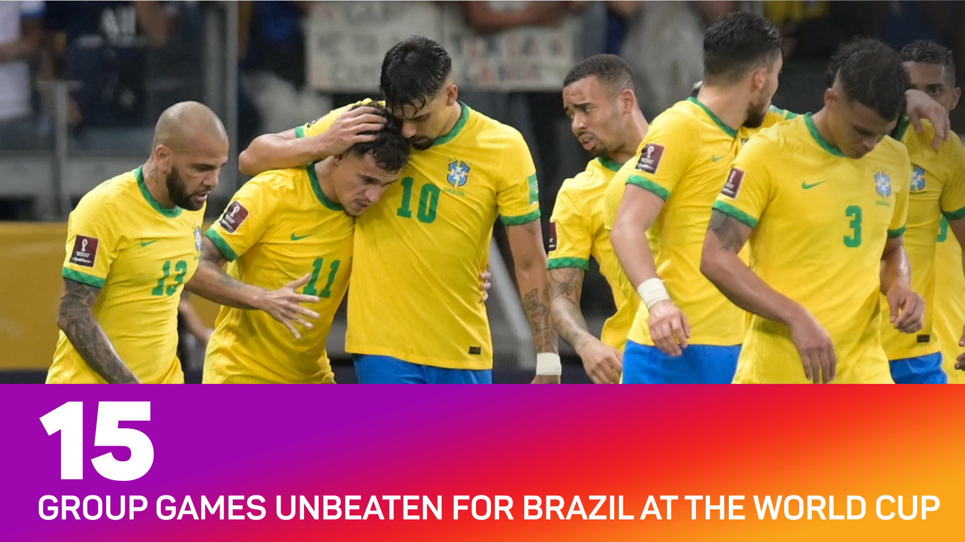 Brazil are unbeaten in 15 group matches at the World Cup