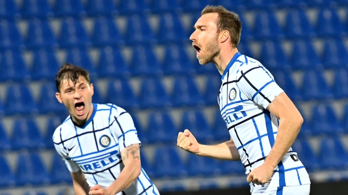 Inter's Christian Eriksen (right) celebrates his goal against Crotone