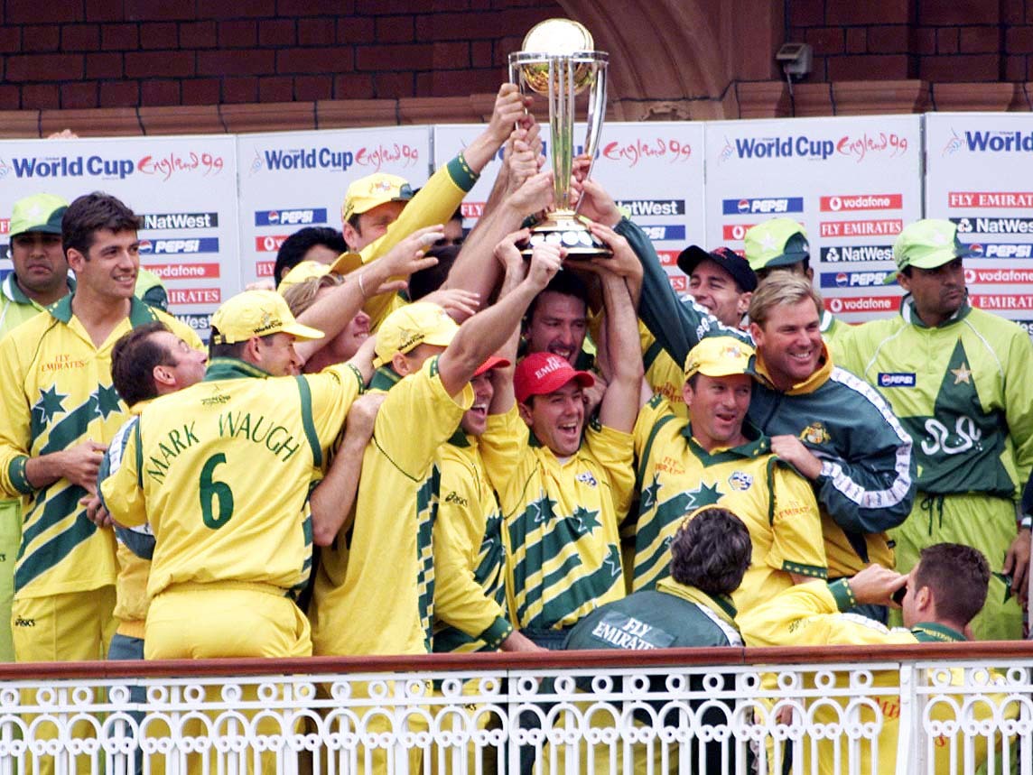 Australia lift the World Cup after beating Pakistan at Lord's in 1999