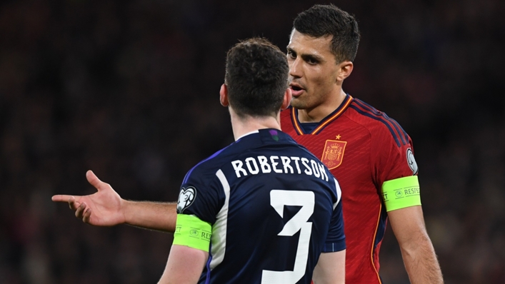 Rodri in discussion with Scotland's Andy Robertson during Spain's defeat at Hampden Park