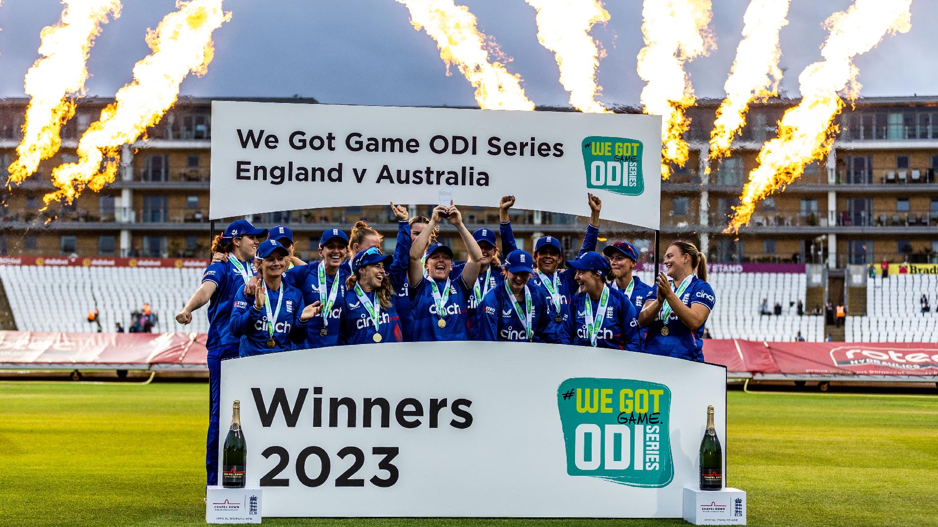 England celebrate their ODI series win (Steven Paston/PA)