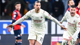 Zlatan Ibrahimovic (L) celebrates for Milan against Genoa