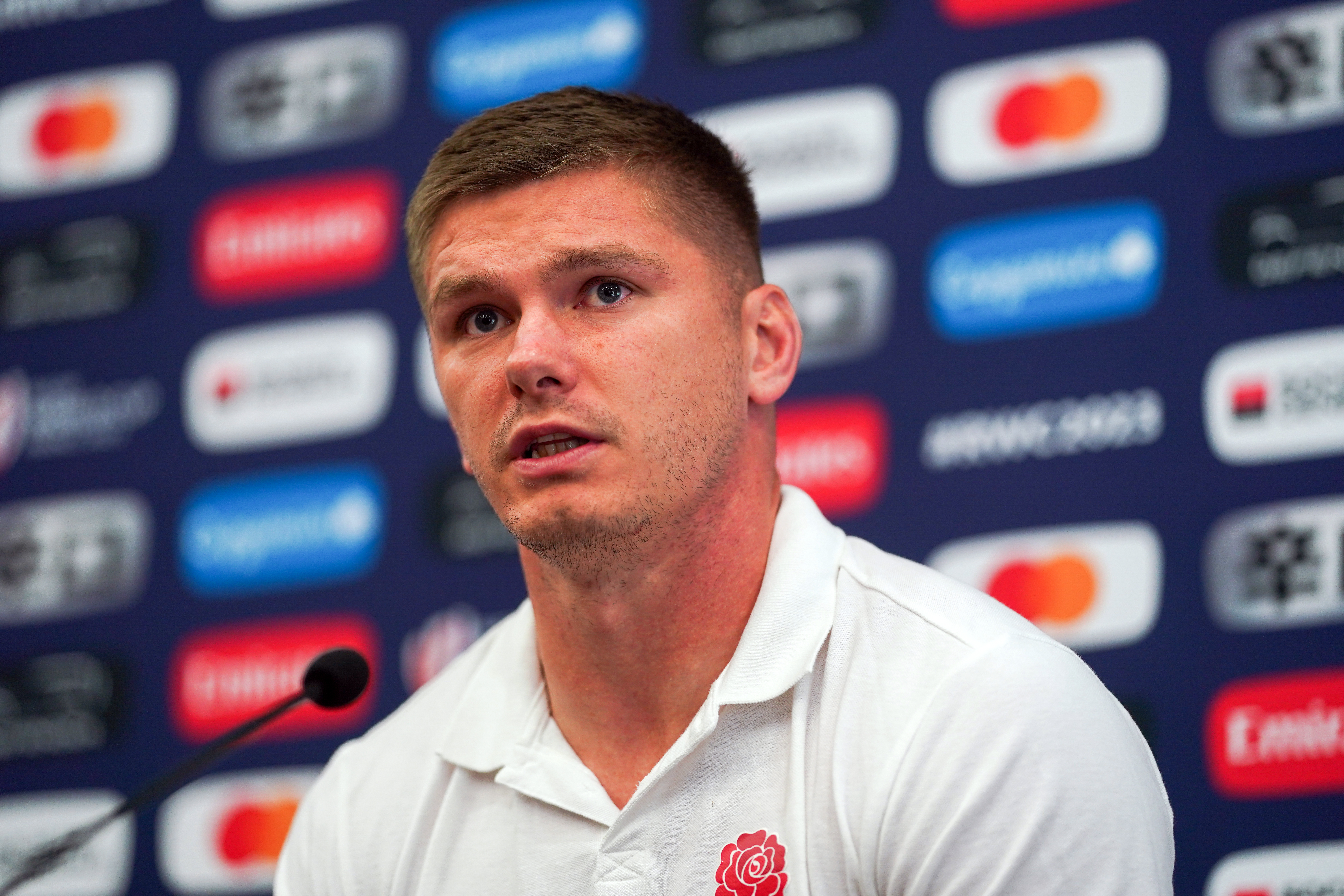 Owen Farrell speaks to the media