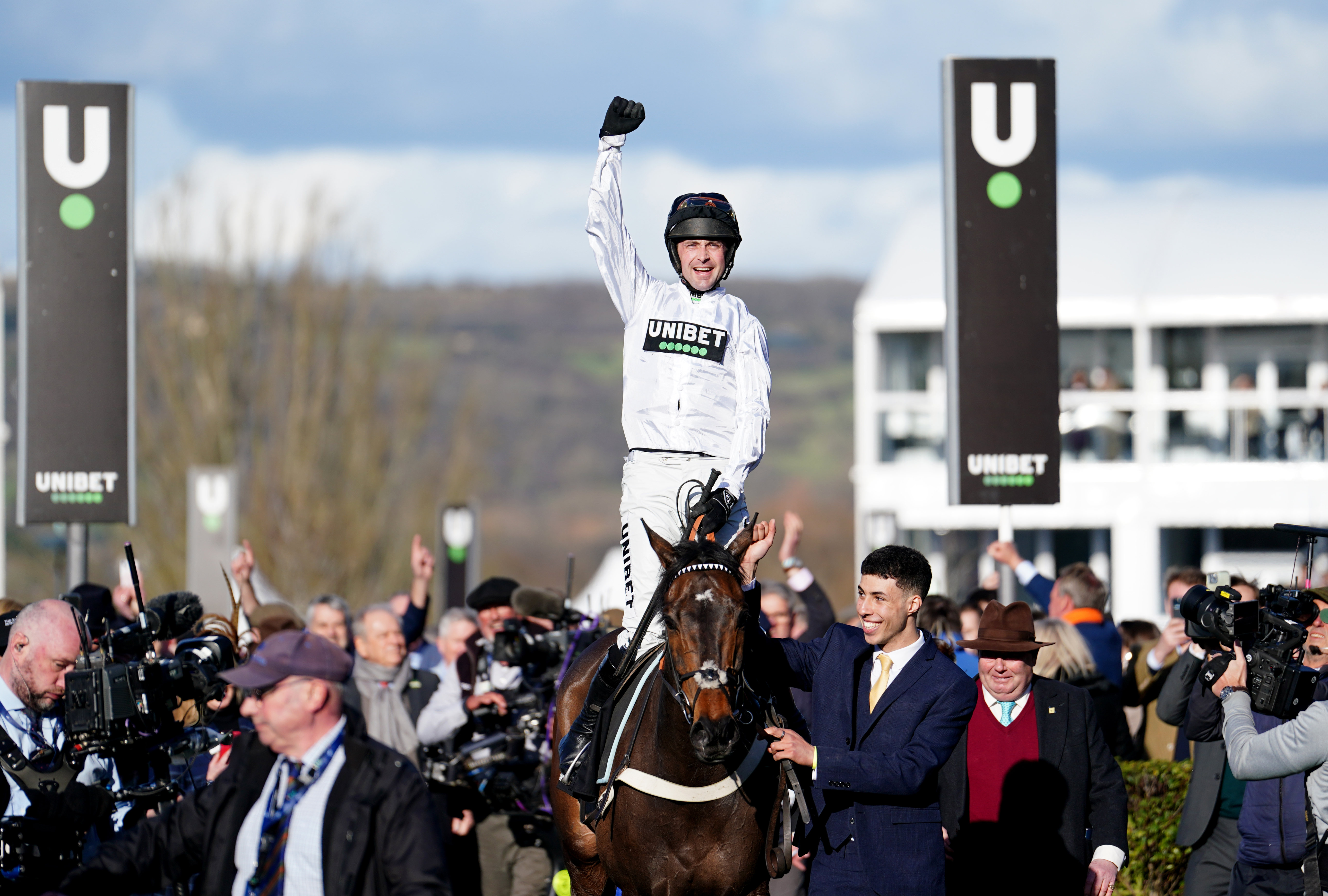 Nico de Boinville celebrates winning the Champion Hurdle with Constitution Hill