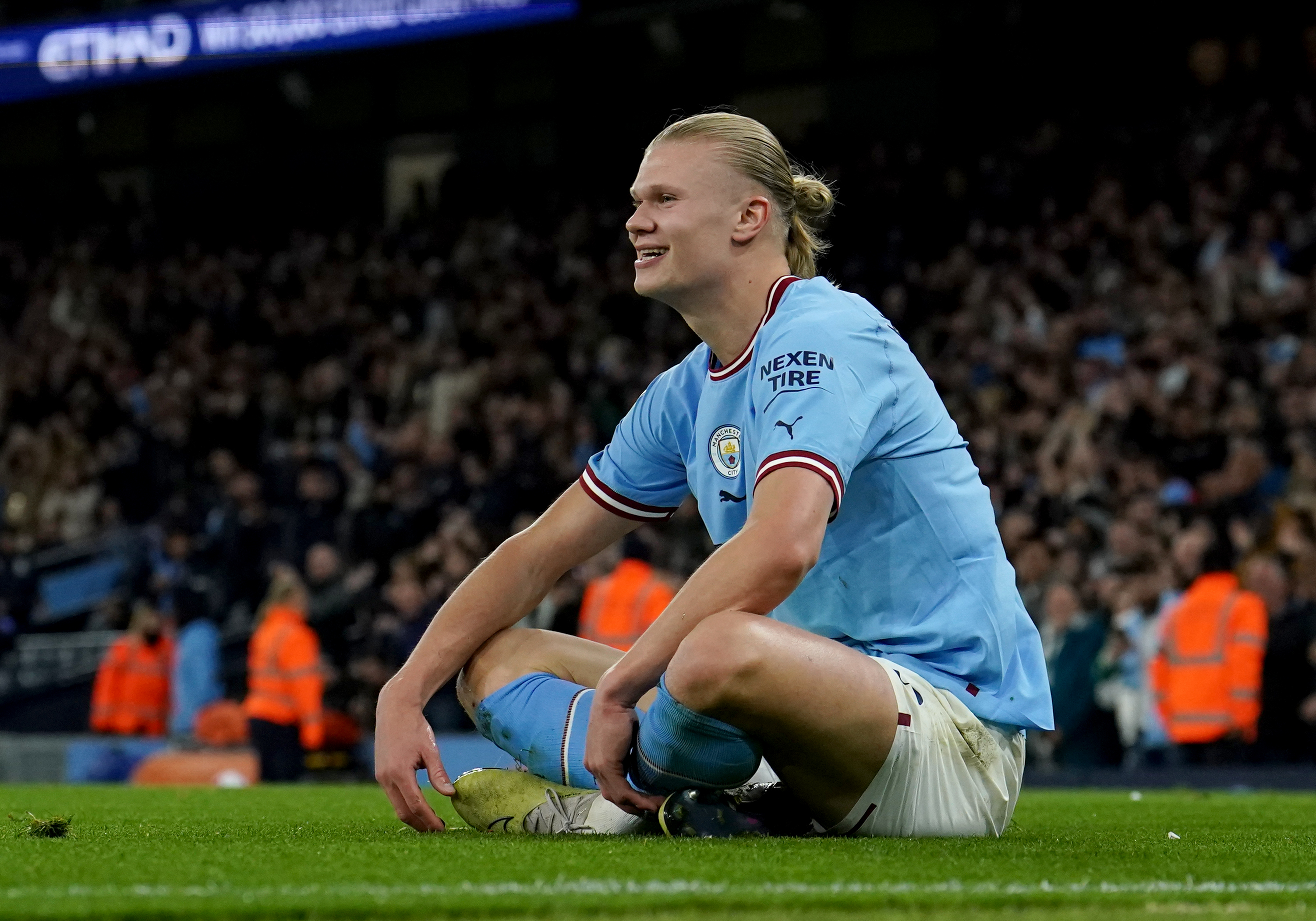 Erling Haaland celebrates his 36th goal of the 2022-23 Premier League season against West Ham