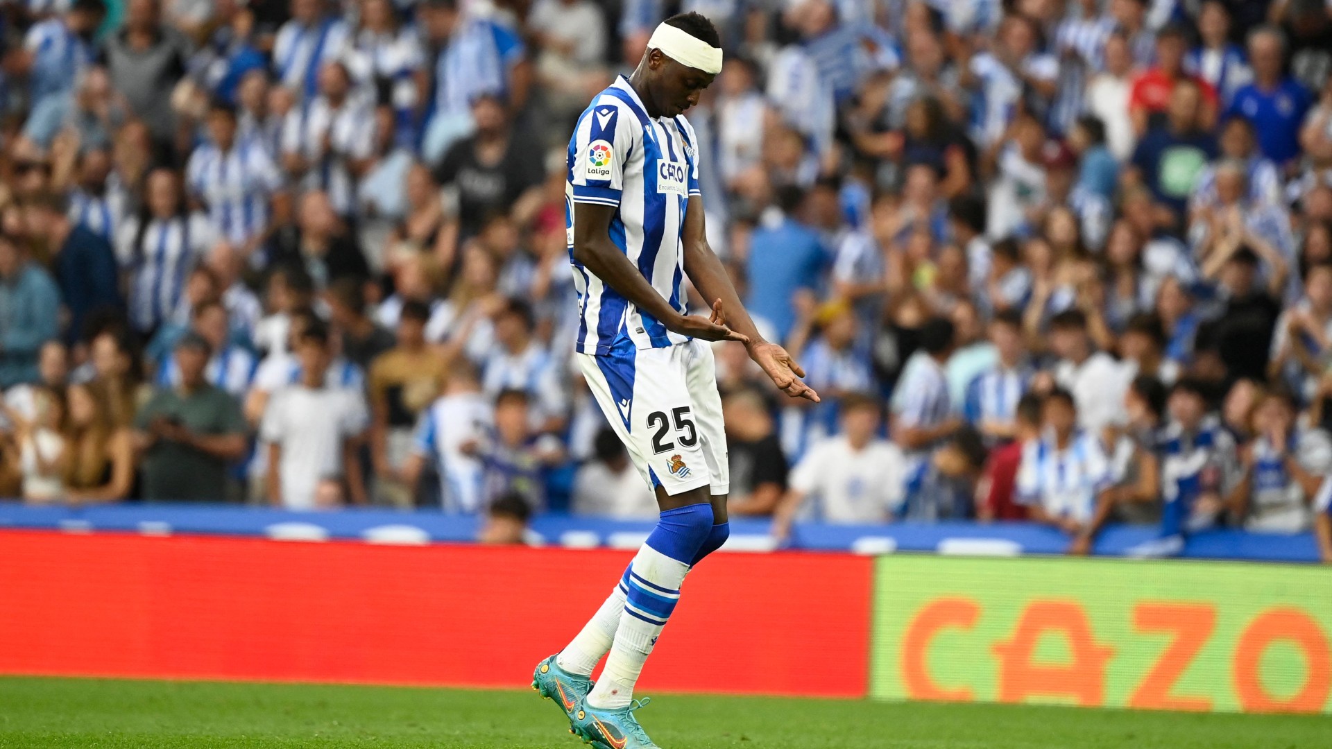 Umar Sadiq celebrates his goal against Atletico Madrid