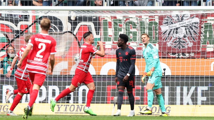 Mergim Berisha scoring for Augsburg against Bayern Munich